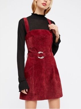 Free People Ring Around You Suede Fit & Flare Mini Dress Burgundy 4 Retro Belted